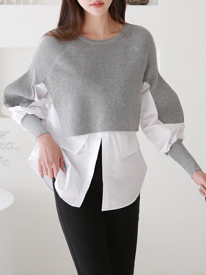 ドッキングリブ長袖Tシャツ・p000346 レディース 【tops】トップス Tシャツ 長袖 リブ ドッキング 異素材 レイヤード ラウンドネック シック カジュアル スリット シャツ 袖コン 秋 冬 韓国ファッション MKT