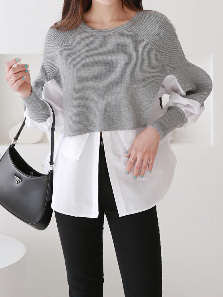 ドッキングリブ長袖Tシャツ・p000346 レディース 【tops】トップス Tシャツ 長袖 リブ ドッキング 異素材 レイヤード ラウンドネック シック カジュアル スリット シャツ 袖コン 秋 冬 韓国ファッション MKT
