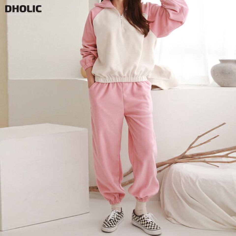 両起毛ジップスウェット&ジョガーパンツSET・p000308 レディース 【pt】セットアップ setup トップス ジョガーパンツ スウェット トレーナー 長袖 ジップアップ ハーフジップ 裏起毛 ズボン ピンク 襟 カジュアル 冬 韓国ファッション MKT