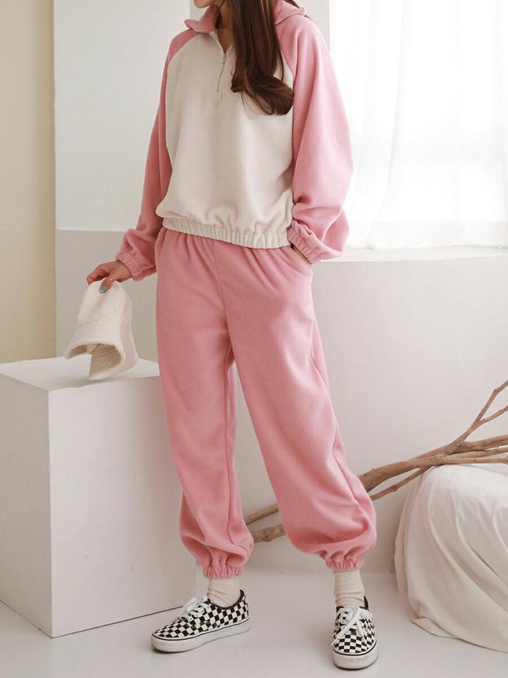 両起毛ジップスウェット&ジョガーパンツSET・p000308 レディース 【pt】セットアップ setup トップス ジョガーパンツ スウェット トレーナー 長袖 ジップアップ ハーフジップ 裏起毛 ズボン ピンク 襟 カジュアル 冬 韓国ファッション MKT