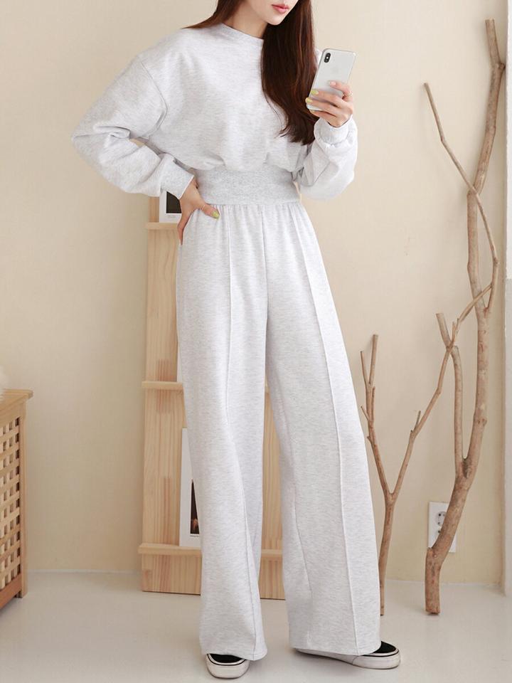 裏起毛ストレッチスウェット&パンツSET・p000315 レディース 【pt】セットアップ setup トップス スウェット トレーナー 長袖 ラウンドネック クロップド丈 ショート丈 裏起毛 パンツ ズボン ロング 単色 無地 シンプル 冬 韓国ファッション MKT