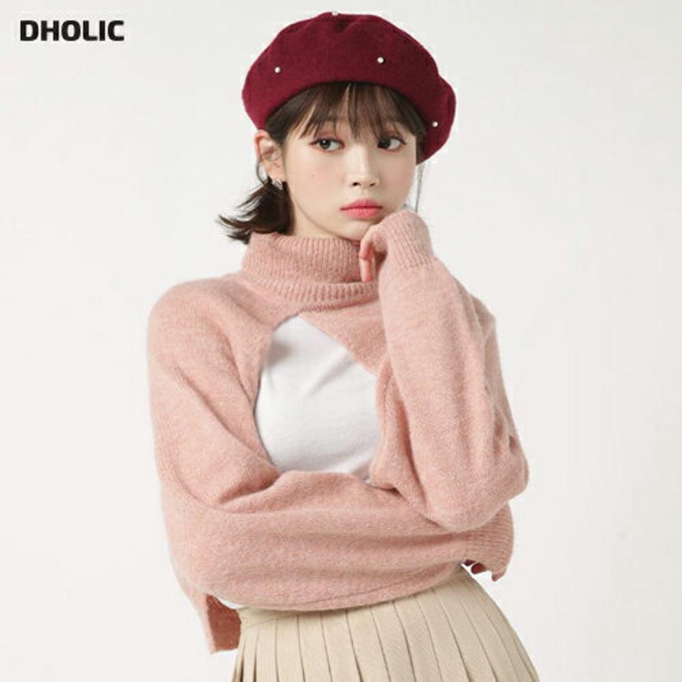 モヘア混タートルスリットニット・t00168 レディース 【tops】トップス ニット 長袖 ユニーク 個性的 タートルネック スリット モヘア 単色 無地 シンプル クロップド丈 ショート丈 カラーニット レイヤード カジュアル 秋 冬 韓国ファッション