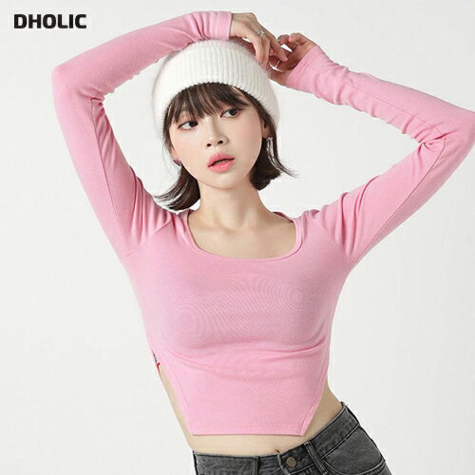スクエアネックアンバランスTシャツ・t00170 レディース 【tops】トップス Tシャツ 長袖 ロンT アンバランス 肌見せ 露出 セクシー お腹 スクエアネック 単色 無地 カジュアル ストリート ラフ ピンク 秋 冬 韓国ファッション