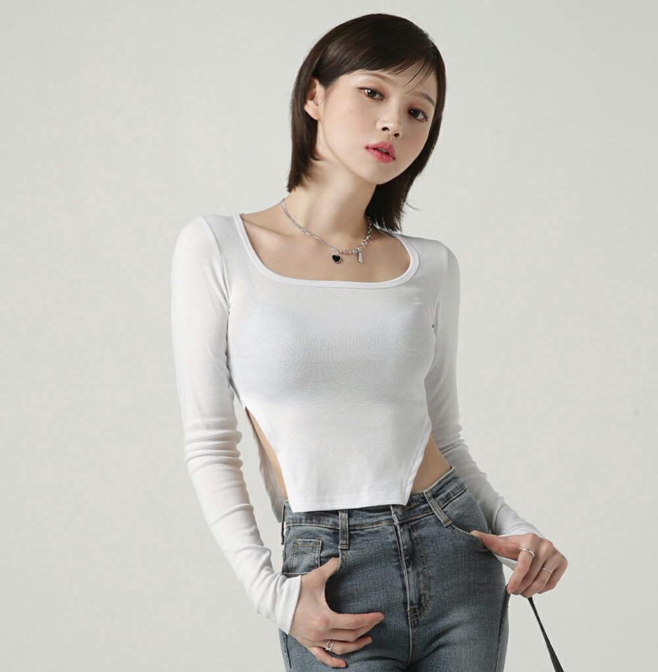 スクエアネックアンバランスTシャツ・t00170 レディース 【tops】トップス Tシャツ 長袖 ロンT アンバランス 肌見せ 露出 セクシー お腹 スクエアネック 単色 無地 カジュアル ストリート ラフ ピンク 秋 冬 韓国ファッション