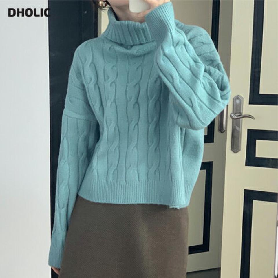 タートルネックケーブルニット・p000607 レディース 【tops】トップス ニット 長袖 ケーブル編み タートルネック 水色 ブルー カラーニット 単色 無地 シンプル カジュアル ラフ 大人 秋 冬 韓国ファッション MKT