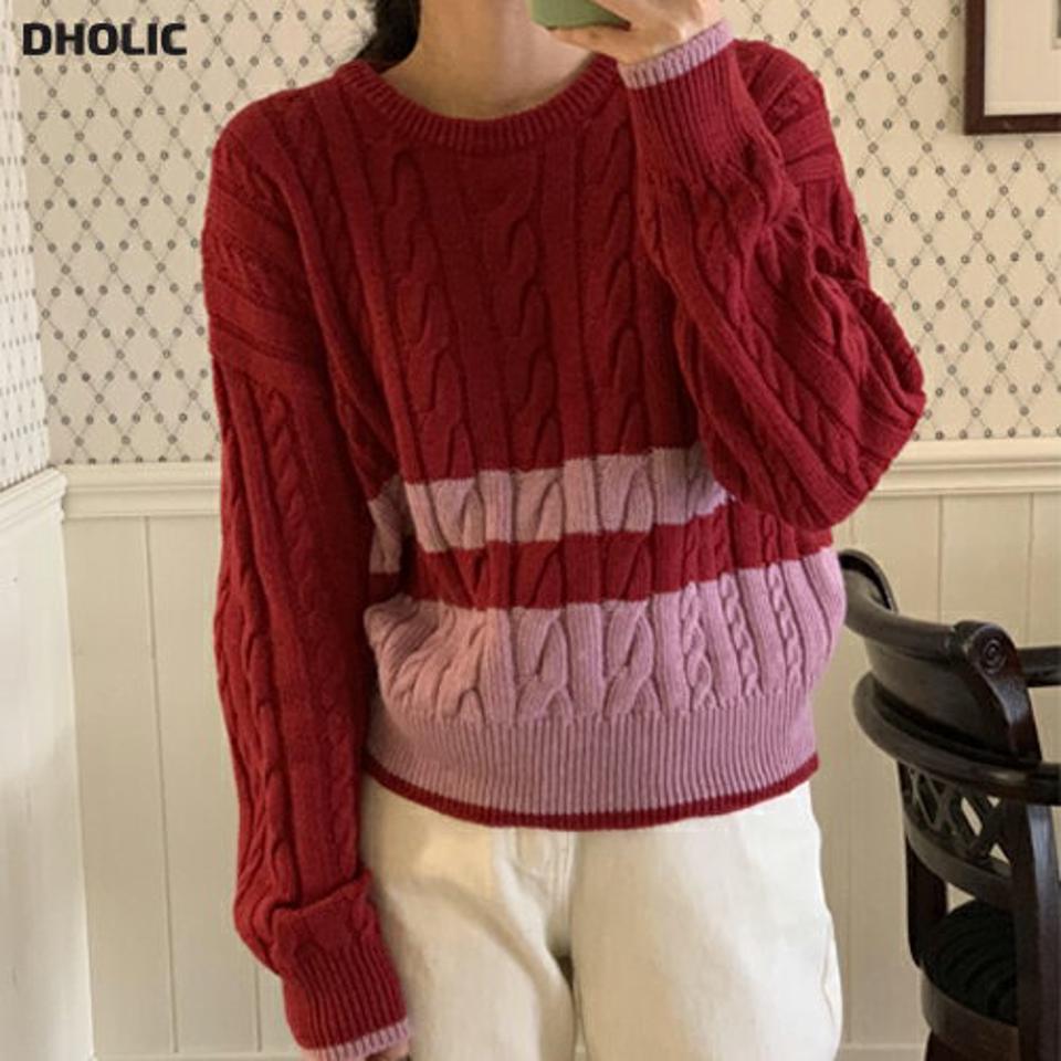 配色ケーブルニット・p000657 レディース 【tops】トップス ニット 長袖 ケーブル編み 配色 ラウンドネック バイカラー ボーダー柄 カジュアル ラフ 大人 秋 冬 韓国ファッション MKT