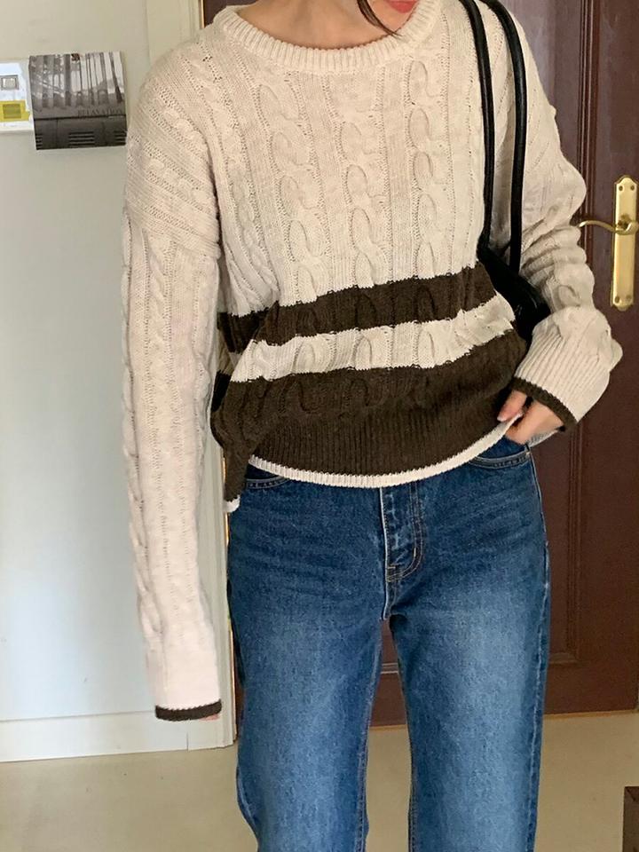 配色ケーブルニット・p000657 レディース 【tops】トップス ニット 長袖 ケーブル編み 配色 ラウンドネック バイカラー ボーダー柄 カジュアル ラフ 大人 秋 冬 韓国ファッション MKT