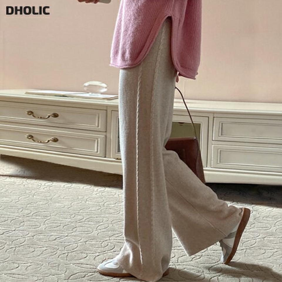 ウール混サイドケーブルニットパンツ・p000664 レディース 【pt】パンツ ズボン ロング丈 ニット ケーブル編み ウール シンプル カジュアル ラフ 大人 ワイド ウエストゴム 楽ちん 体型カバー 秋 冬 韓国ファッション MKT