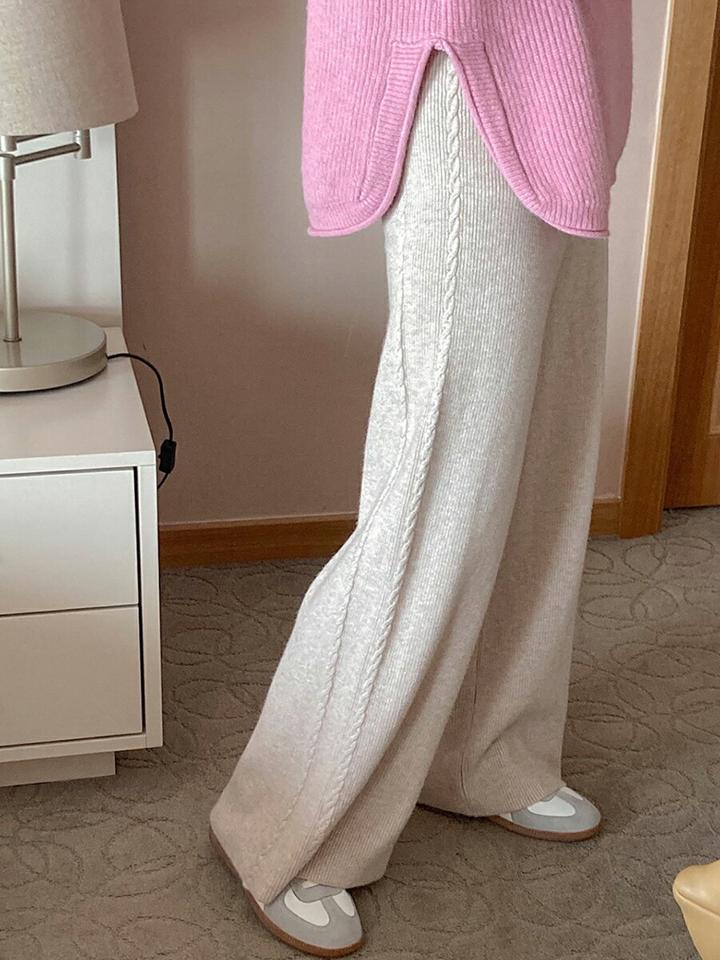 ウール混サイドケーブルニットパンツ・p000664 レディース 【pt】パンツ ズボン ロング丈 ニット ケーブル編み ウール シンプル カジュアル ラフ 大人 ワイド ウエストゴム 楽ちん 体型カバー 秋 冬 韓国ファッション MKT