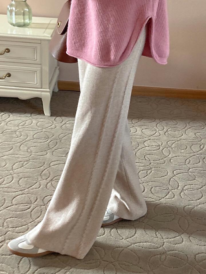 ウール混サイドケーブルニットパンツ・p000664 レディース 【pt】パンツ ズボン ロング丈 ニット ケーブル編み ウール シンプル カジュアル ラフ 大人 ワイド ウエストゴム 楽ちん 体型カバー 秋 冬 韓国ファッション MKT