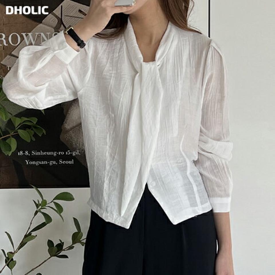 リボンネックリンクルブラウス・p000654 レディース 【bl】トップス ブラウス 長袖 リンクル りぼん ボウタイ 襟コン フェミニン 大人 きれいめ 単色 無地 シンプル シワ オフィス 秋 冬 韓国ファッション MKT