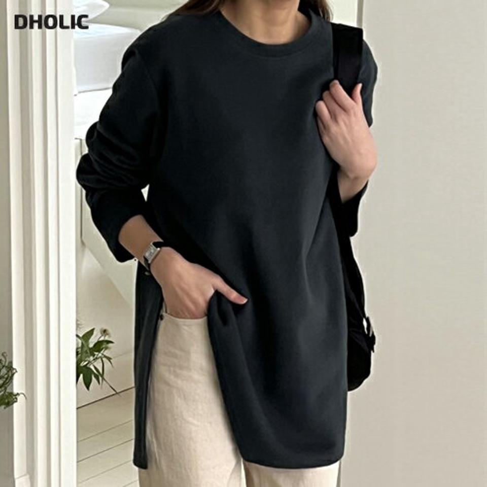 ワイドスリット長袖Tシャツ・p000650 レディース 【tops】トップス Tシャツ ロンT 長袖 スリット 深い ワイド 単色 無地 シンプル 体型カバー 大人 カジュアル ラウンドネック 秋 冬 韓国ファッション MKT