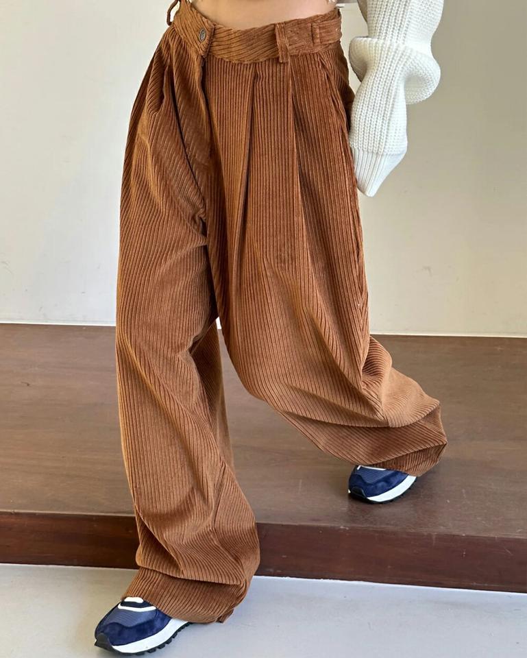 【マケット特価】コーデュロイワイドタックパンツ・p000580 レディース 【pt】パンツ ズボン ロング ワイド タック コーデュロイ 単色 無地 シンプル カジュアル ラフ フルレングス 大人 茶色 ブラウン 秋 冬 韓国ファッション MKT セール