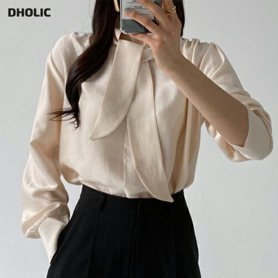 モダール混リボンネックブラウス・p000585 レディース 【bl】トップス ブラウス 長袖 りぼん ボウタイ モダール 単色 無地 シンプル オケージョン オフィス きれいめ 秋 冬 韓国ファッション MKT