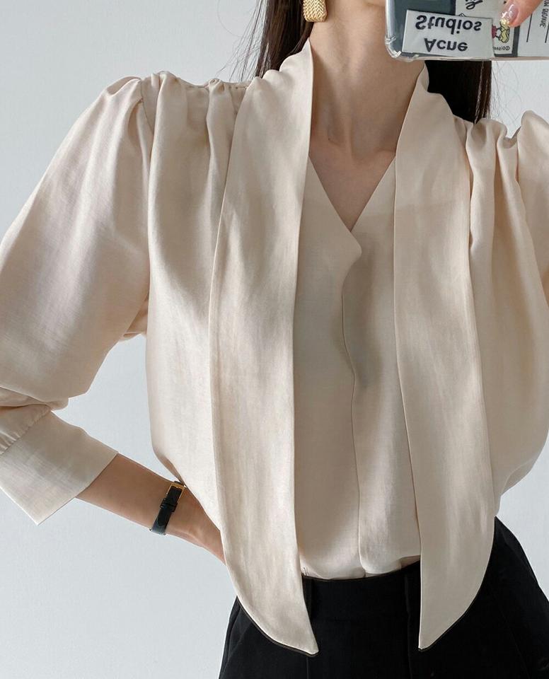 モダール混リボンネックブラウス・p000585 レディース 【bl】トップス ブラウス 長袖 りぼん ボウタイ モダール 単色 無地 シンプル オケージョン オフィス きれいめ 秋 冬 韓国ファッション MKT