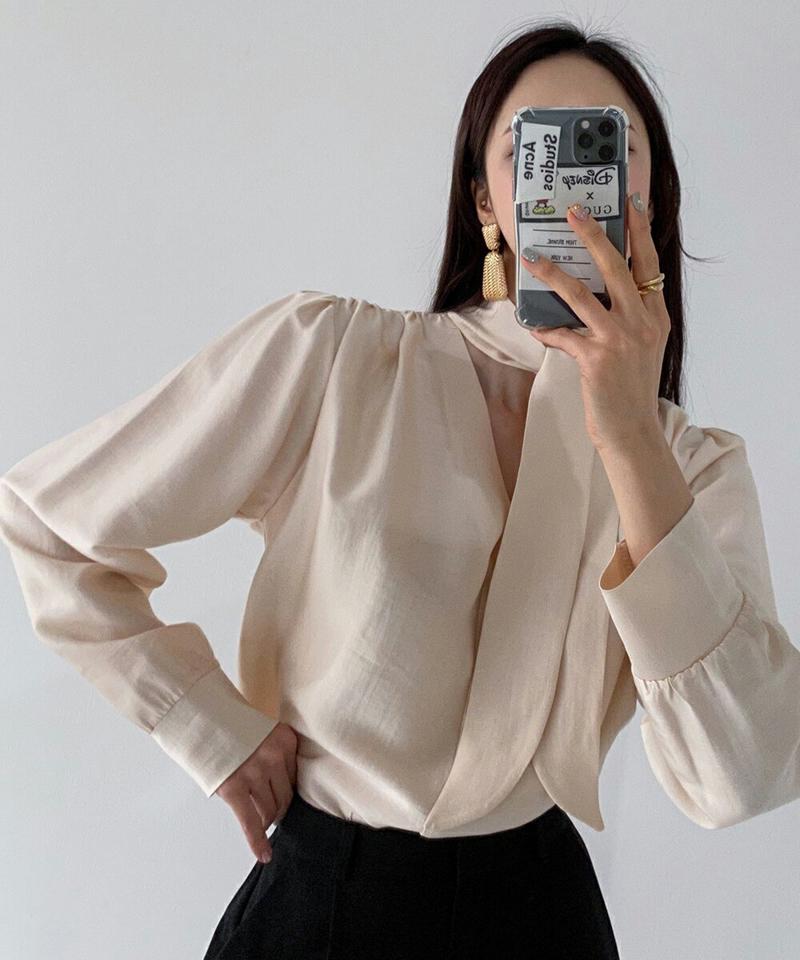 モダール混リボンネックブラウス・p000585 レディース 【bl】トップス ブラウス 長袖 りぼん ボウタイ モダール 単色 無地 シンプル オケージョン オフィス きれいめ 秋 冬 韓国ファッション MKT