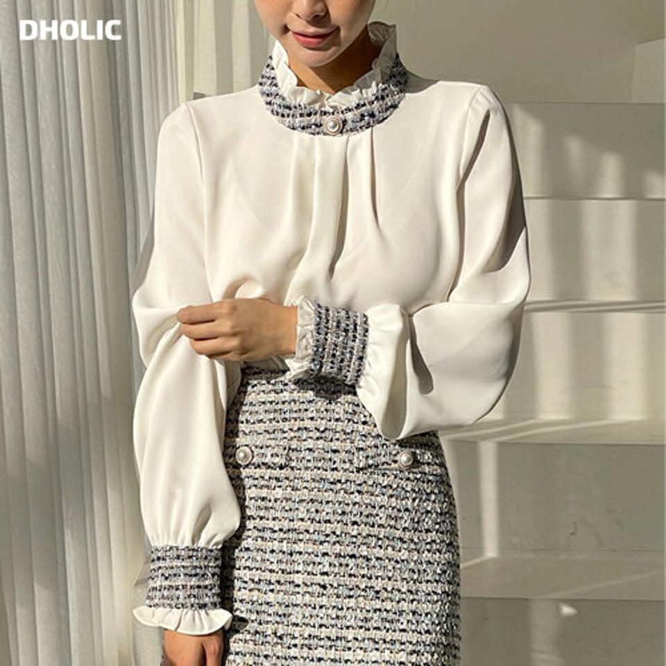 ツイード配色フリルブラウス・t00194 レディース 【bl】トップス ブラウス 長袖 フリル ハーフネック 配色 ツイード かわいい 可愛い ガーリー 大人 きれいめ パールボタン ラウンドネック ギャザー 秋 冬 韓国ファッション