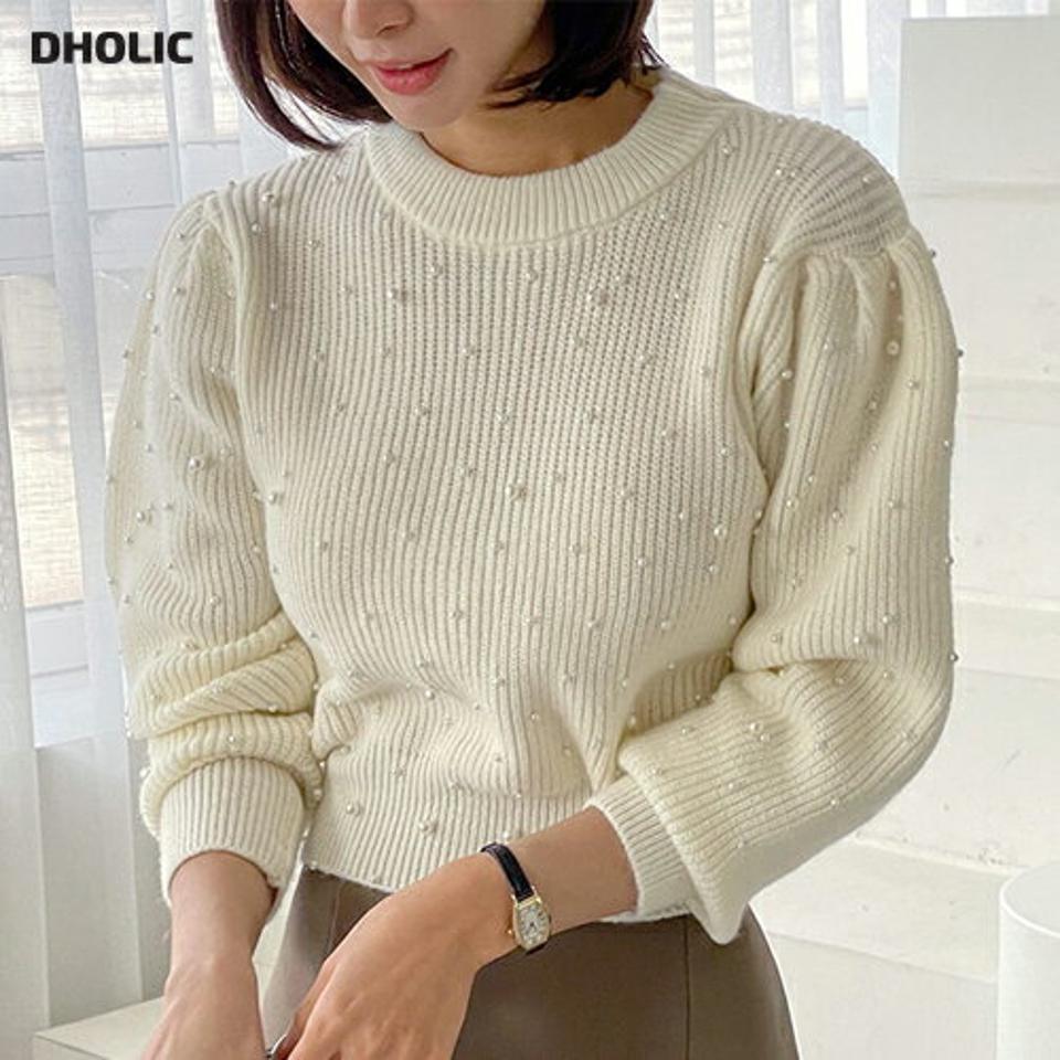 フェイクパールパフニット・t00192 レディース 【tops】トップス ニット 長袖 パール パフスリーブ ボリューム袖 ラウンドネック かわいい 可愛い 大人 きれいめ クロップド丈 フェミニン 秋 冬 韓国ファッション