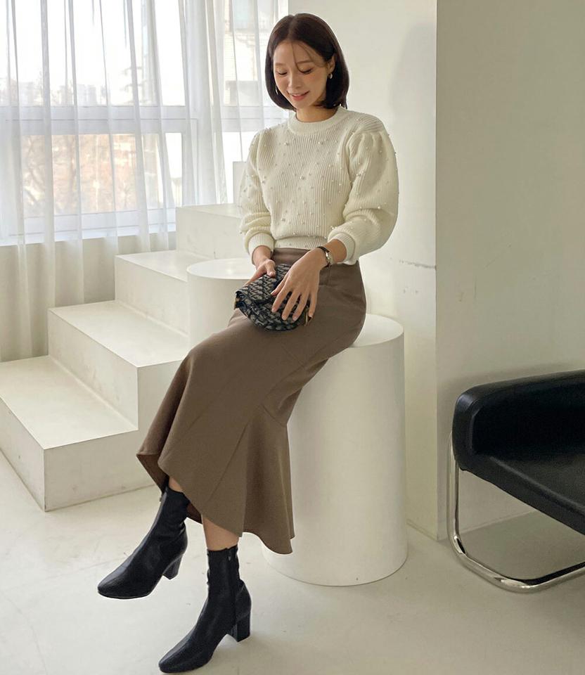 フェイクパールパフニット・t00192 レディース 【tops】トップス ニット 長袖 パール パフスリーブ ボリューム袖 ラウンドネック かわいい 可愛い 大人 きれいめ クロップド丈 フェミニン 秋 冬 韓国ファッション