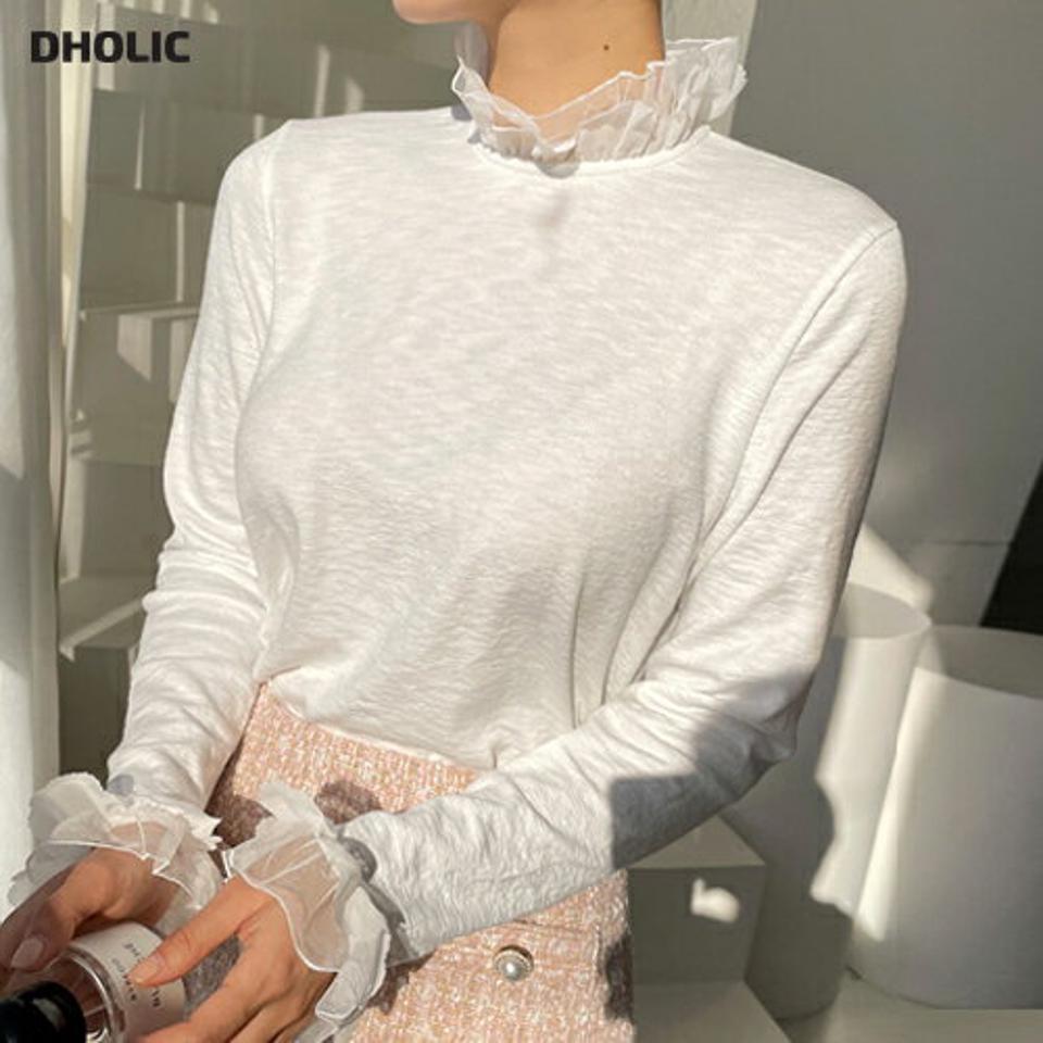 シアーフリル長袖Tシャツ・b00190 レディース 【tops】トップス Tシャツ 長袖 襟コン フリル 透け感 シアー シースルー フェミニン 大人 かわいい 可愛い ハーフネック 袖コン 単色 無地 シンプル 秋 冬 韓国ファッション