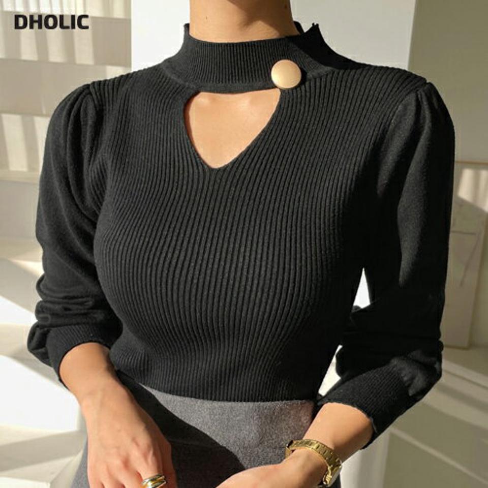 ボタンスリットリブニット・t00191 レディース 【tops】トップス ニット 長袖 リブ スリット 肌見せ 露出 セクシー 大人 きれいめ カジュアル フェミニン ハーフネック 秋 冬 韓国ファッション