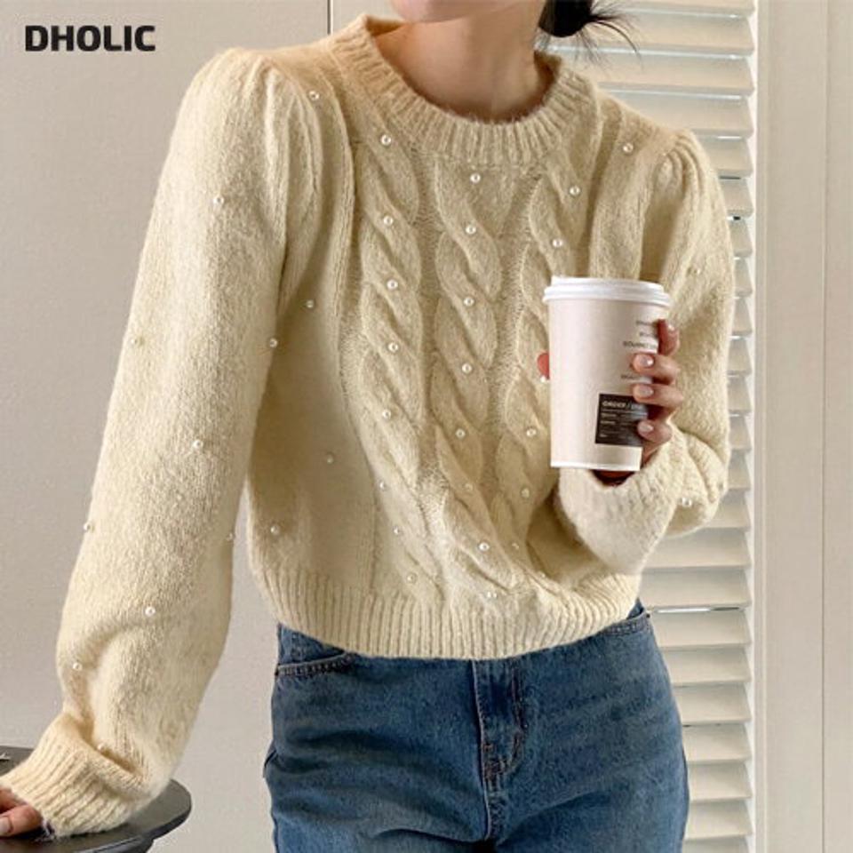 フェイクパールケーブルパフニット・t00184 レディース 【tops】トップス ニット 長袖 ケーブル編み パール 上品 きれいめ 大人 フェミニン ラウンドネック メランジ パフスリーブ 秋 冬 韓国ファッション