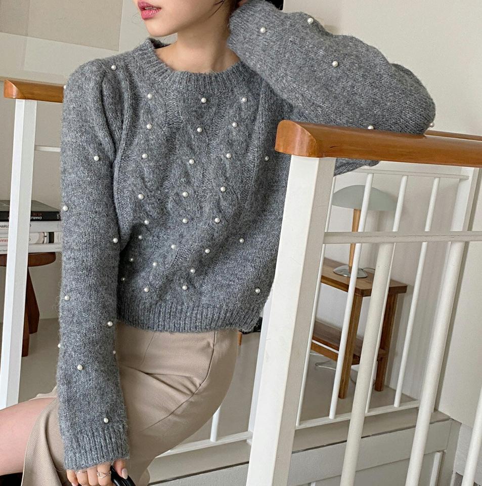 フェイクパールケーブルパフニット・t00184 レディース 【tops】トップス ニット 長袖 ケーブル編み パール 上品 きれいめ 大人 フェミニン ラウンドネック メランジ パフスリーブ 秋 冬 韓国ファッション