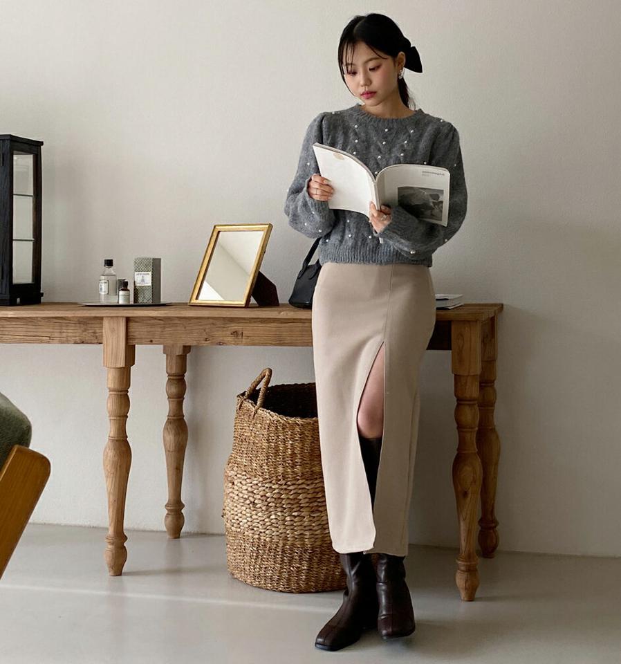 フェイクパールケーブルパフニット・t00184 レディース 【tops】トップス ニット 長袖 ケーブル編み パール 上品 きれいめ 大人 フェミニン ラウンドネック メランジ パフスリーブ 秋 冬 韓国ファッション
