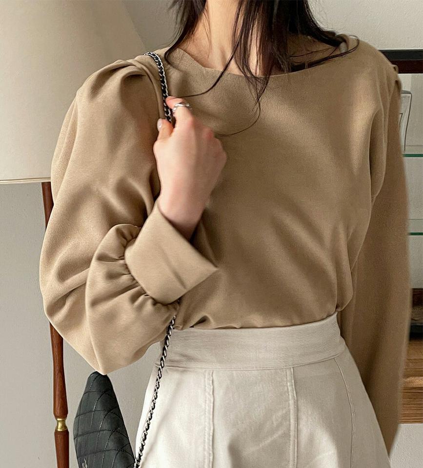 スクエアネックパフブラウス・t00183 レディース 【bl】トップス ブラウス 長袖 パフスリーブ スクエアネック 単色 無地 シンプル 大人 きれいめ 上品 ギャザー タック 秋 冬 韓国ファッション