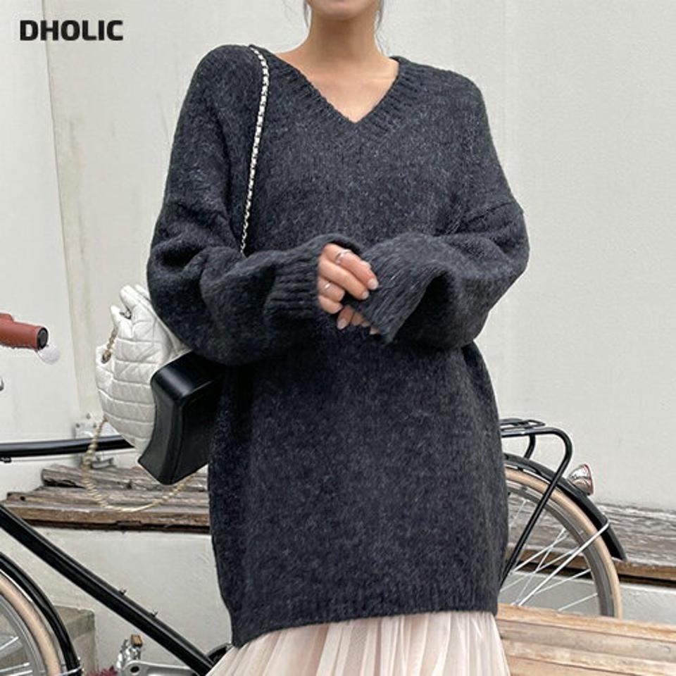 ウール混Vネックメランジニット・t00185 レディース 【tops】トップス ニット メランジ Vネック 長袖 ウール シンプル 単色 無地 ドロップショルダー カジュアル ラフ 体型カバー ロング ミドル丈 秋 冬 韓国ファッション