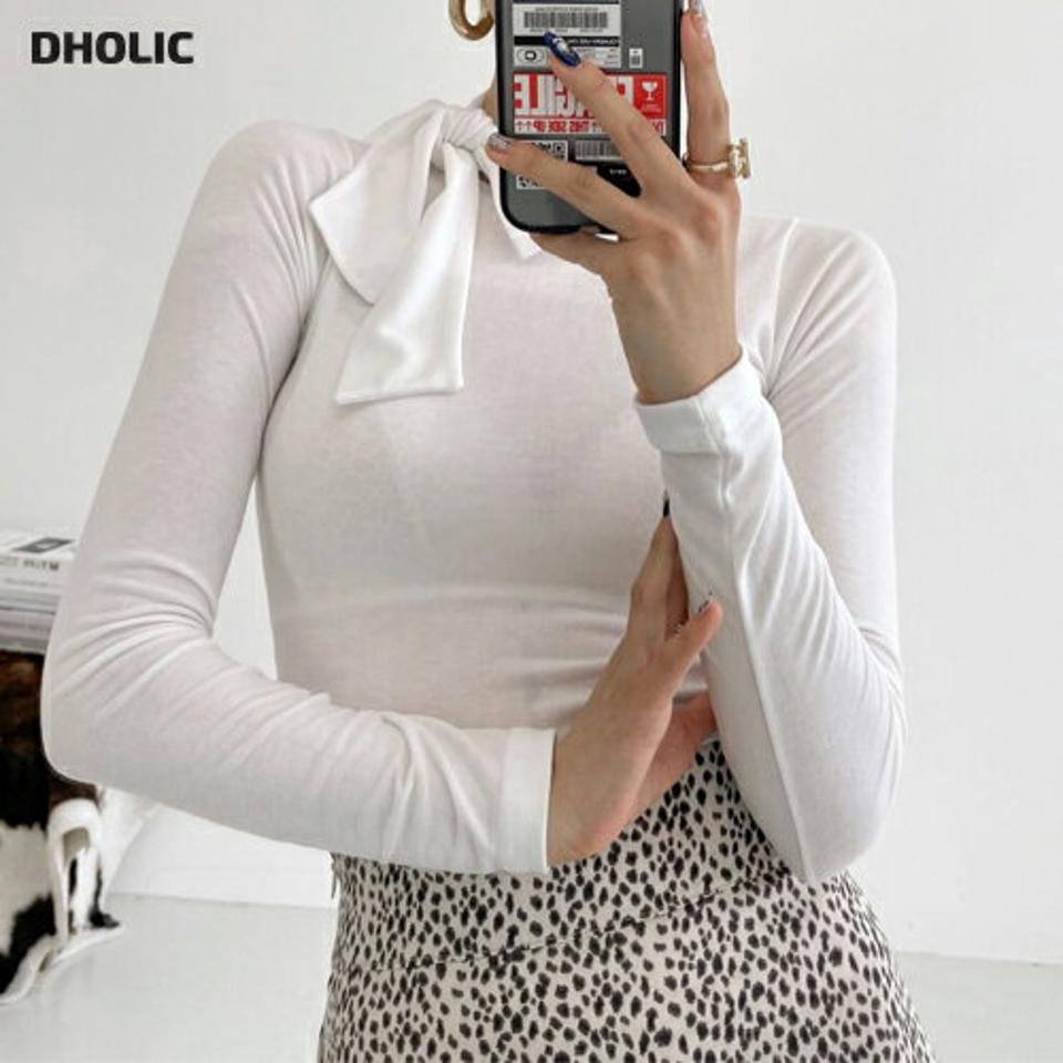 リボンネックスリム長袖Tシャツ・p000539 レディース 【tops】トップス Tシャツ 長袖 スリム ボウタイ りぼん 襟コン 単色 無地 シンプル 大人 きれいめ カジュアル 秋 冬 韓国ファッション MKT