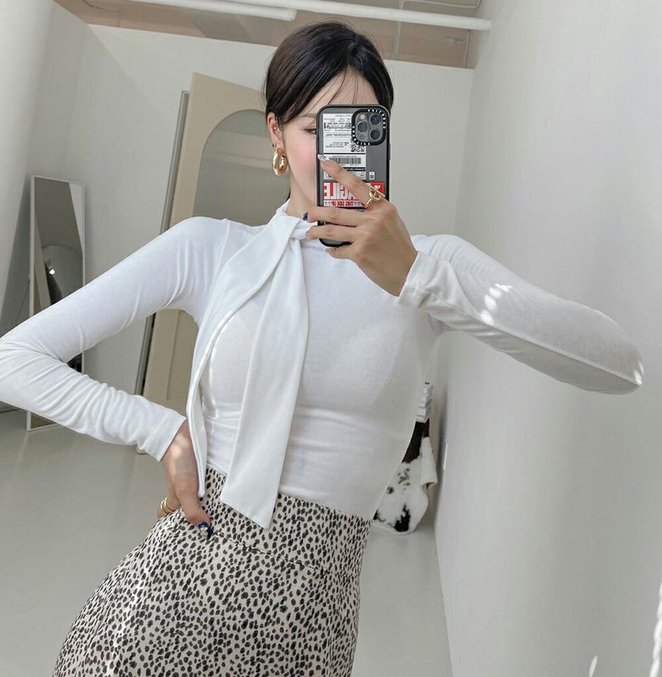 リボンネックスリム長袖Tシャツ・p000539 レディース 【tops】トップス Tシャツ 長袖 スリム ボウタイ りぼん 襟コン 単色 無地 シンプル 大人 きれいめ カジュアル 秋 冬 韓国ファッション MKT