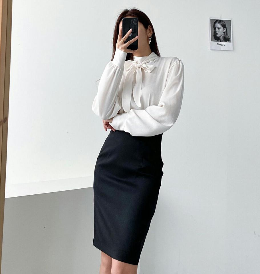 リボンハーフネックブラウス・p000556 レディース 【bl】トップス ブラウス 長袖 りぼん ボウタイ ハーフネック 単色 無地 シンプル フェミニン 大人 きれいめ 上品 秋 冬 韓国ファッション MKT