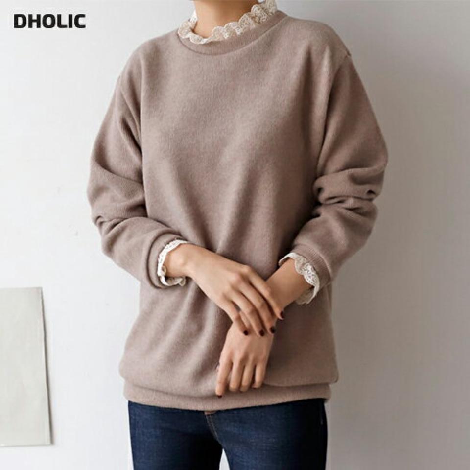 【マケット特価】レース配色ラウンドネックニット・p000521 レディース 【tops】トップス ニット 長袖 ラウンドネック レース 襟コン 単色 無地 シンプル かわいい 可愛い 秋 冬 韓国ファッション MKT セール