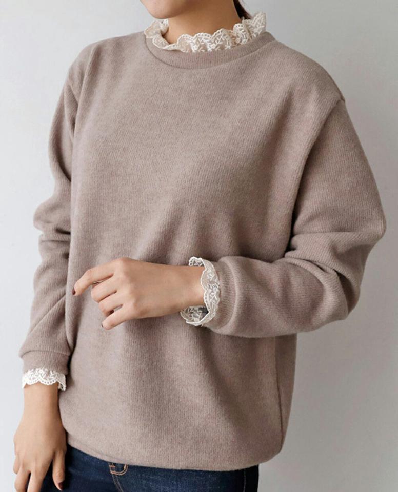 【マケット特価】レース配色ラウンドネックニット・p000521 レディース 【tops】トップス ニット 長袖 ラウンドネック レース 襟コン 単色 無地 シンプル かわいい 可愛い 秋 冬 韓国ファッション MKT セール
