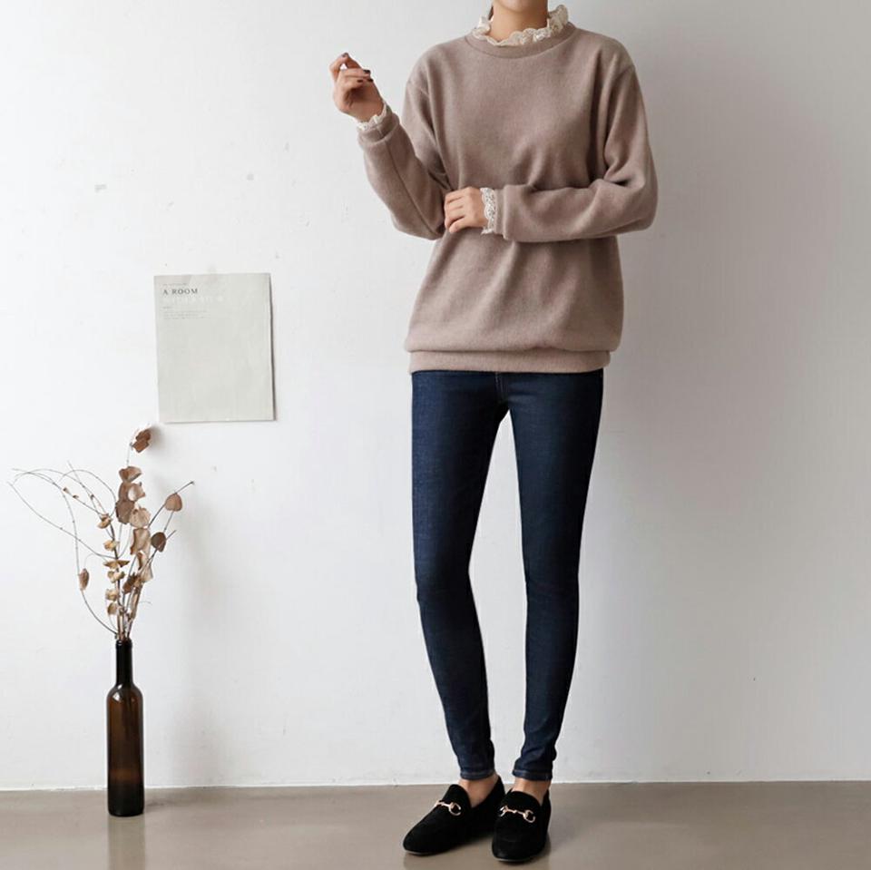 【マケット特価】レース配色ラウンドネックニット・p000521 レディース 【tops】トップス ニット 長袖 ラウンドネック レース 襟コン 単色 無地 シンプル かわいい 可愛い 秋 冬 韓国ファッション MKT セール