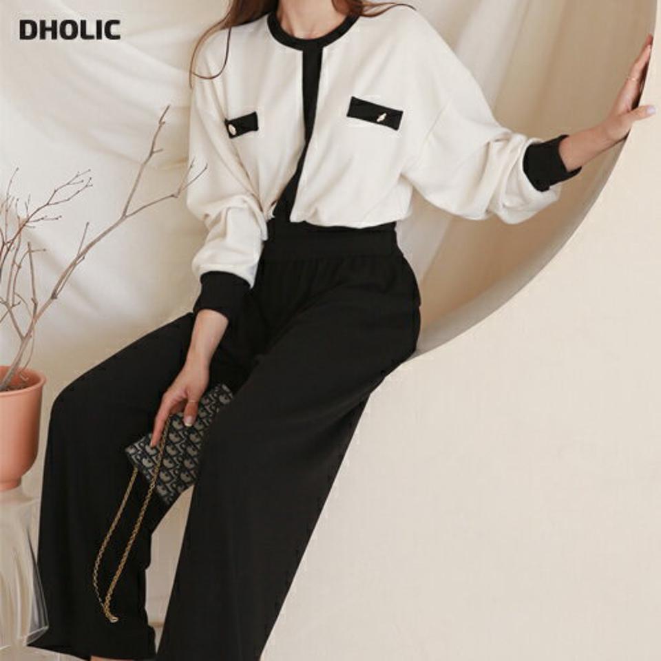 パール調ボタン配色スウェット&パンツSET・p000511 レディース 【pt】セットアップ setup トップス トレーナー スウェット ラウンドネック バイカラー 配色 大人 パール パンツ ズボン ロング丈 ワイド 大人 秋 冬 韓国ファッション MKT