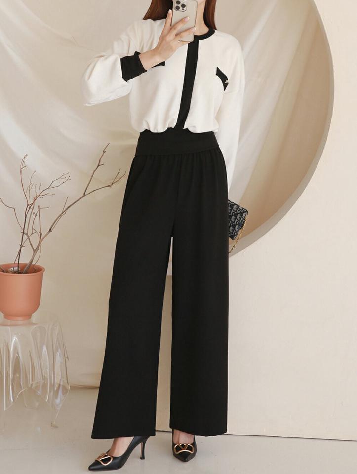 パール調ボタン配色スウェット&パンツSET・p000511 レディース 【pt】セットアップ setup トップス トレーナー スウェット ラウンドネック バイカラー 配色 大人 パール パンツ ズボン ロング丈 ワイド 大人 秋 冬 韓国ファッション MKT