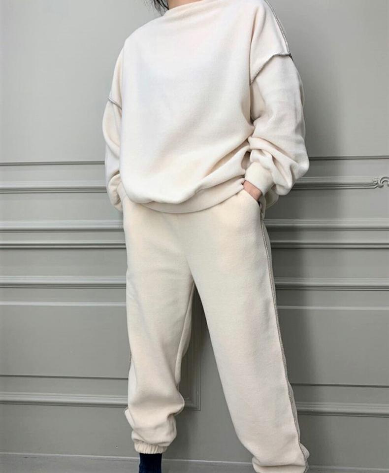 【マケット特価】両起毛ステッチスウェット&ジョガーパンツSET・p000450 レディース 【pt】セットアップ setup トップス トレーナー スウェット 長袖 パンツ ズボン ワイド ステッチ 裏起毛 シンプル ライン カジュアル 冬 韓国ファッション MKT セール