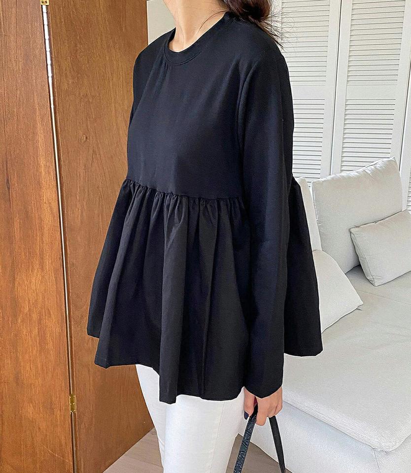 ギャザーペプラム長袖Tシャツ・p000476 レディース 【tops】トップス Tシャツ ロンT 長袖 ペプラム お腹カバー ギャザー 単色 無地 シンプル フェミニン ラウンドネック カジュアル かわいい 可愛い 秋 冬 韓国ファッション MKT