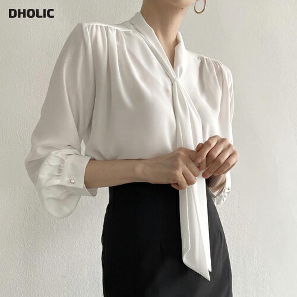 ネックリボンギャザーブラウス・p000291 レディース 【bl】トップス ブラウス 長袖 ボウタイ りぼん ギャザー 襟コン 単色 無地 シンプル フェミニン 上品 大人 オケージョン オフィス 秋 冬 韓国ファッション MKT