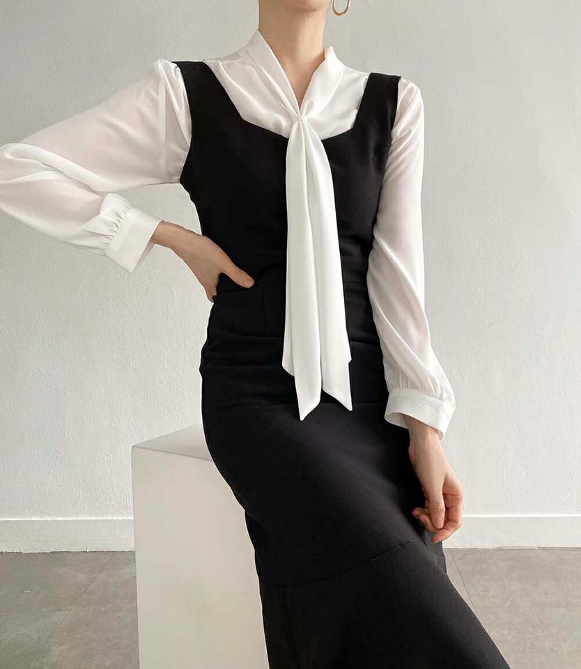ネックリボンギャザーブラウス・p000291 レディース 【bl】トップス ブラウス 長袖 ボウタイ りぼん ギャザー 襟コン 単色 無地 シンプル フェミニン 上品 大人 オケージョン オフィス 秋 冬 韓国ファッション MKT