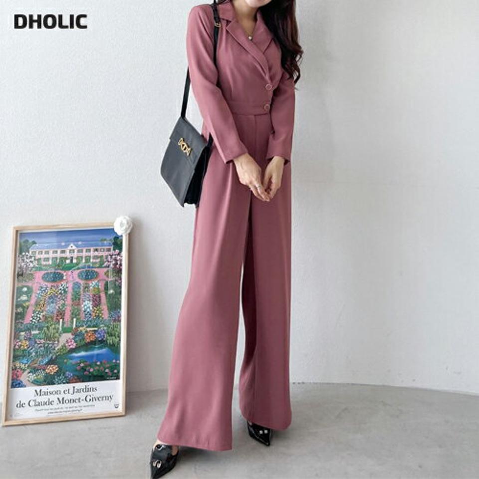 ボタンカラータックオールインワン・p000471 レディース 【pt】オールインワン パンツ ズボン ロング 長袖 ボタン ハイウエスト タック 襟 シック オフィス オケージョン ワイド 大人 きれいめ ピンク 秋 冬 韓国ファッション MKT