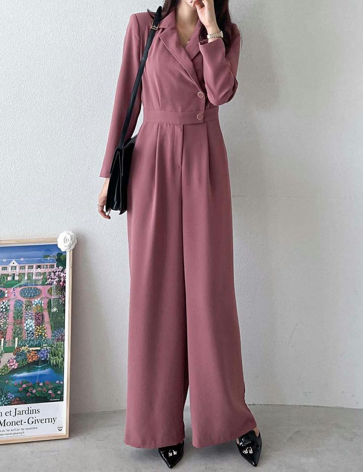 ボタンカラータックオールインワン・p000471 レディース 【pt】オールインワン パンツ ズボン ロング 長袖 ボタン ハイウエスト タック 襟 シック オフィス オケージョン ワイド 大人 きれいめ ピンク 秋 冬 韓国ファッション MKT