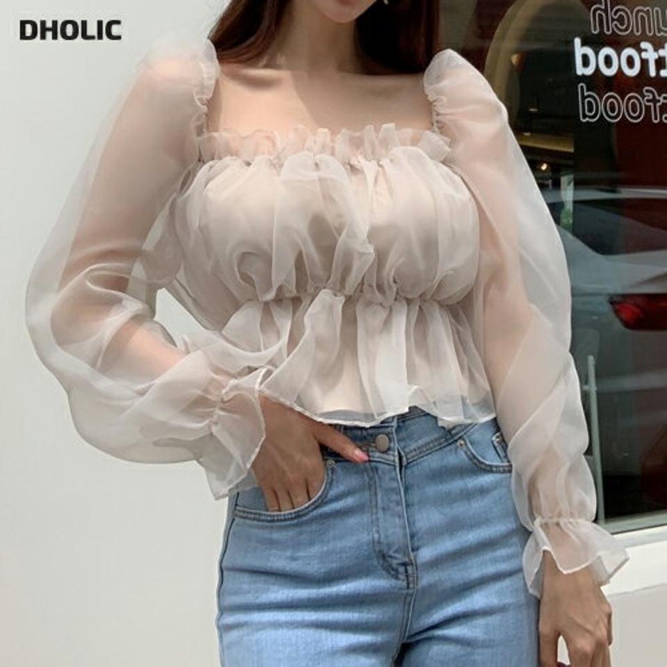 シアーペプラムパフブラウス・p000519 レディース 【bl】トップス ブラウス 長袖 透け感 シアー シースルー パフスリーブ ペプラム かわいい 可愛い デコルテ スクエアネック フェミニン ガーリー 秋 冬 韓国ファッション MKT