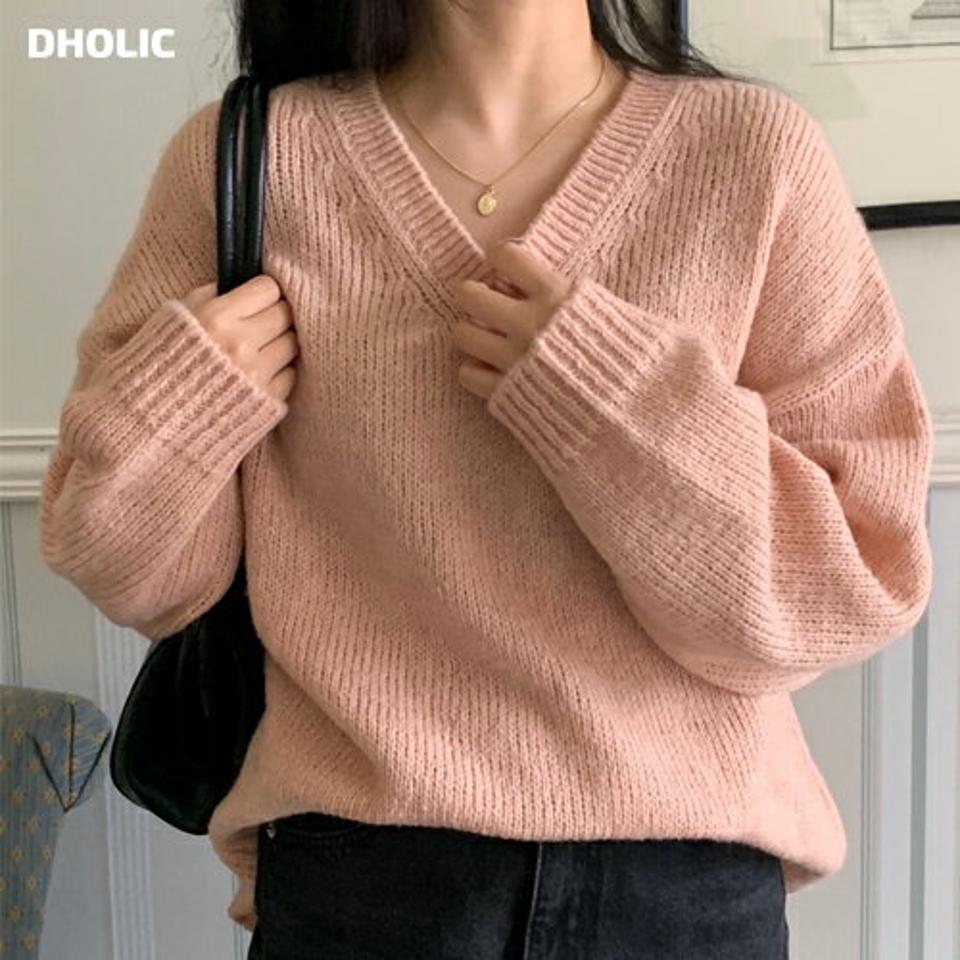 Vネックルーズニット・p000445 レディース 【tops】トップス ニット 長袖 Vネック ルーズ ゆったり 単色 無地 シンプル カジュアル ラフ ピンク カラーニット 秋 冬 韓国ファッション MKT