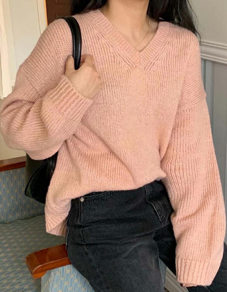 Vネックルーズニット・p000445 レディース 【tops】トップス ニット 長袖 Vネック ルーズ ゆったり 単色 無地 シンプル カジュアル ラフ ピンク カラーニット 秋 冬 韓国ファッション MKT
