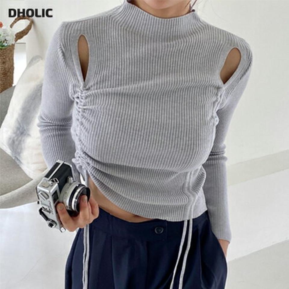 ショルダースリットドロストニット・p000485 レディース 【tops】トップス ニット 長袖 リブ 肌見せ ドロスト 絞り くしゅくしゅ スリット ハーフネック ユニーク 個性的 カジュアル ストリート ラフ 秋 冬 韓国ファッション MKT