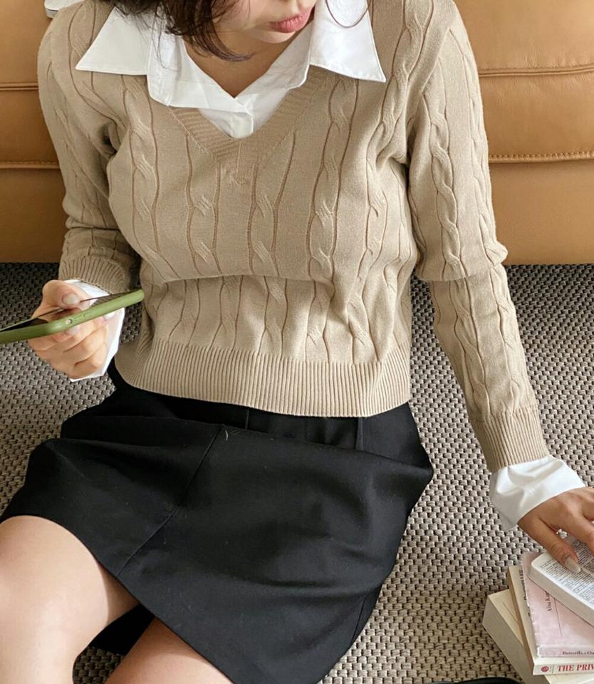 レイヤード調ケーブルニット・p000484 レディース 【tops】トップス レイヤード風 ニット 長袖 ケーブル編み シャツ Vネック かわいい 可愛い シンプル 大人 スクールガール 秋 冬 韓国ファッション MKT