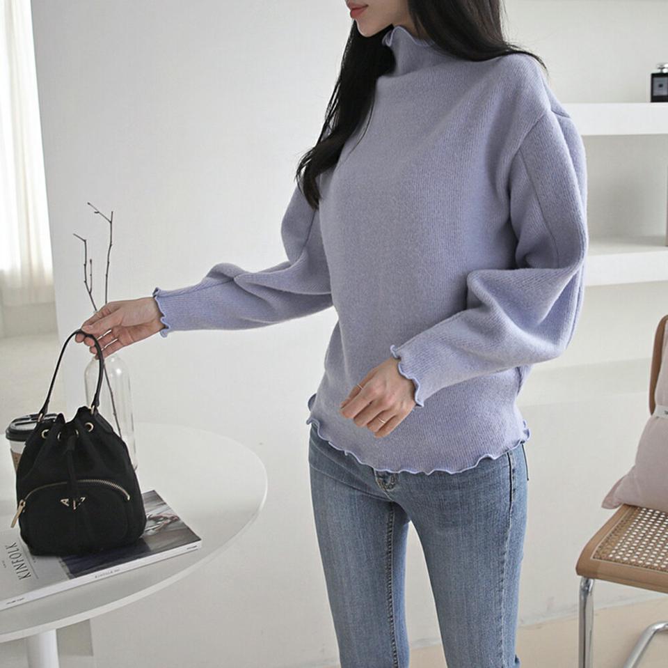 メロウハーフネックリブTシャツ・p000520 レディース 【tops】トップス Tシャツ ハーフネック メロウ 単色 無地 シンプル 大人 かわいい カジュアル 長袖 秋 冬 韓国ファッション MKT